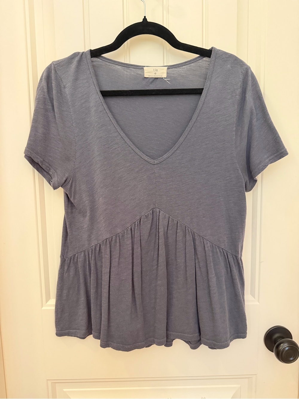 T.La Slate Blue V-Neck Short Sleeve Peplum Top